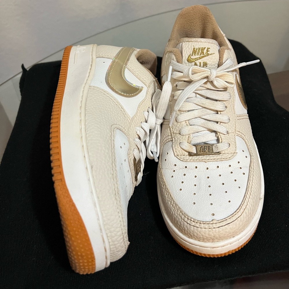 Nike Air Force 1 in White and Gold with Tan Accents